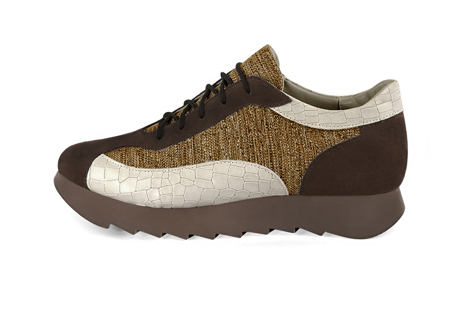 Dark brown, mustard yellow and off white women's three-tone elegant sneakers. Round toe. Low rubber soles. Profile view - Florence KOOIJMAN
